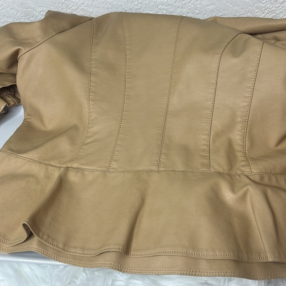 VEGAN LEATHER RUFFLED PEPLUM CAMEL COLORED MOTO STYLE JACKET - Picture 9 of 12